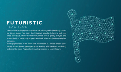 Blue futuristic flag icon concept with polygon node connected dots and neon effect