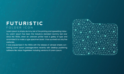 Blue futuristic folder or file icon concept with polygon node connected dots and neon effect