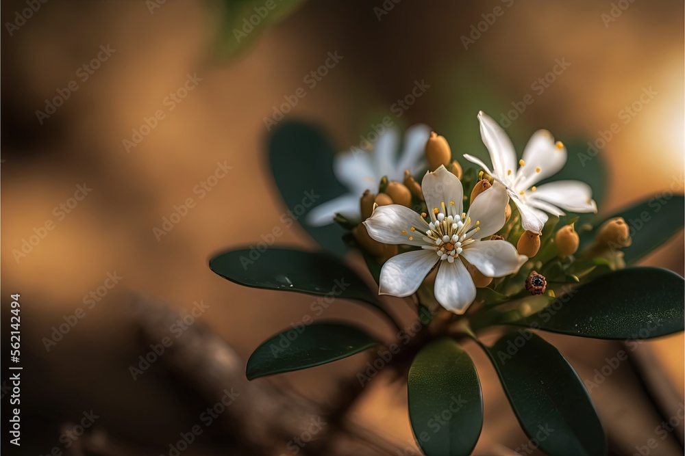 Poster a close up of a flower with leaves on a branch with a blurry background of leaves and flowers in the