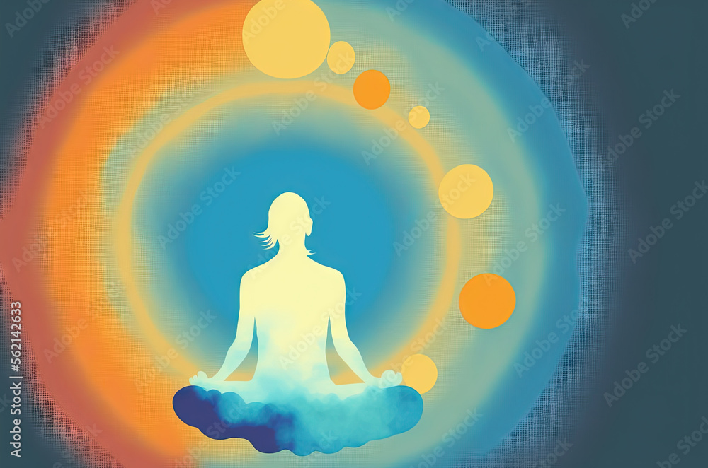 Poster  a person sitting in a lotus position in front of a blue and orange background with circles around them and a person in the middle of the image with a meditation pose in the middle of., generative ai