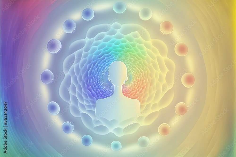 Poster a person standing in front of a rainbow colored background with bubbles and a rainbow - hued circle 