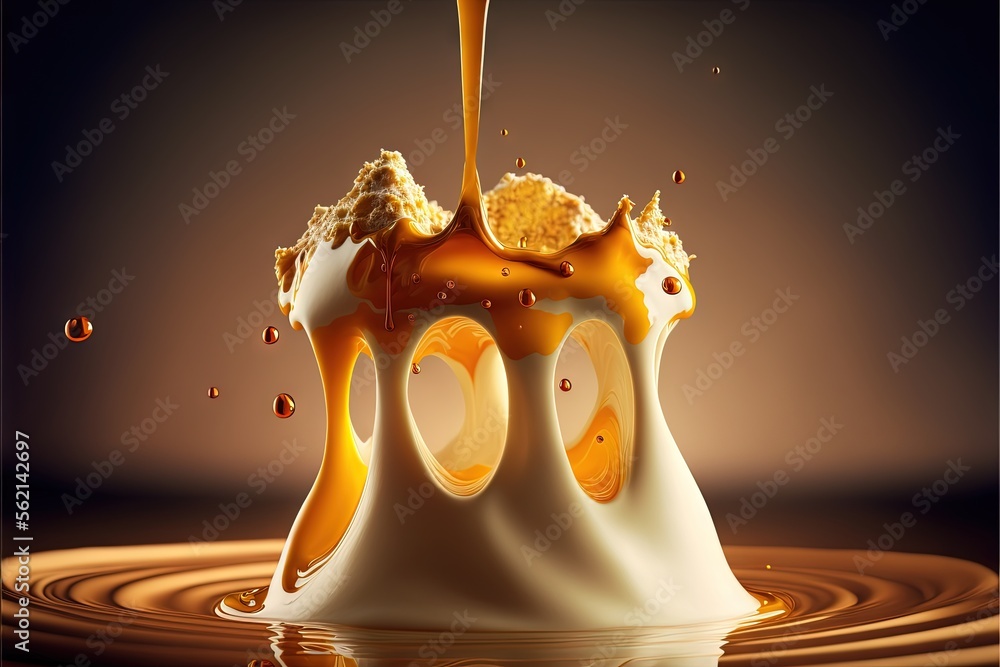 Poster a liquid pouring into a liquid filled with oranges and other things on a table top with a brown back