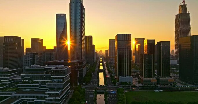 Aerial footage of city skyline and modern buildings scenery in Ningbo at sunrise, Zhejiang Province, China. 