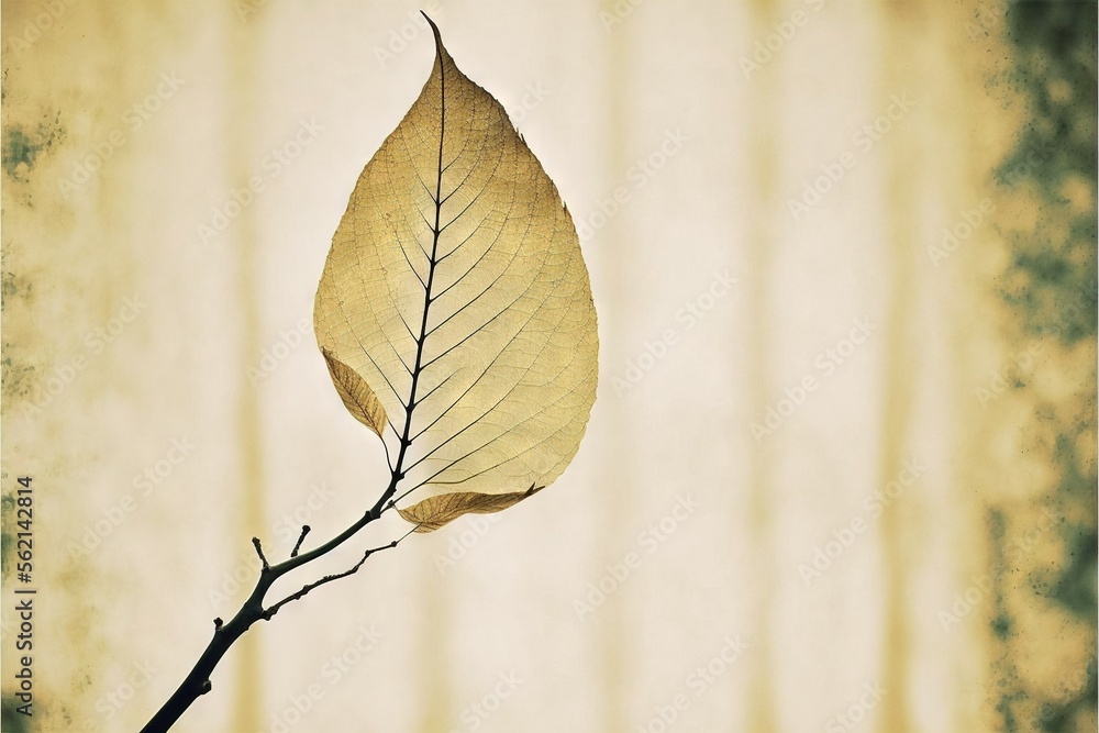 Aufkleber a leaf is shown on a branch with a blurry background of a wall and a curtain behind it, with a small