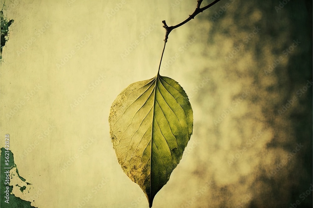 Poster a leaf hanging from a branch on a wall with a sky background in the background and a faded out wallp