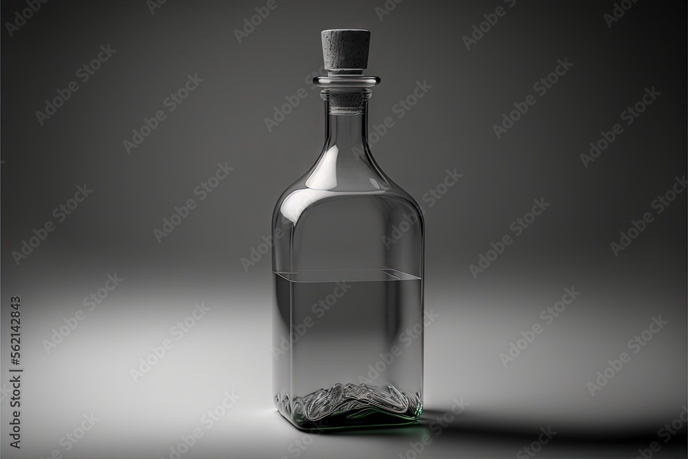 Poster a bottle with a cork top and a glass base on a gray background with a shadow of a bottle on the bott