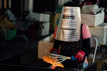 Woman Grilling Hot Street Food, Chiang Mai, Thailand
