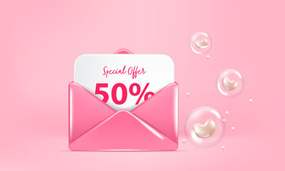 3d love envelope with gift voucher. Happy valentine's day concept. Special offer coupon.