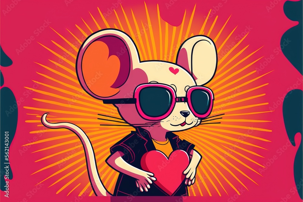 Poster a cartoon mouse with sunglasses holding a heart in front of a pink background with a sunburst in the