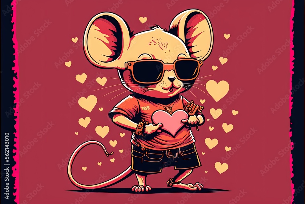 Aufkleber a mouse with sunglasses holding a heart in a pink background with hearts in the background and a pin