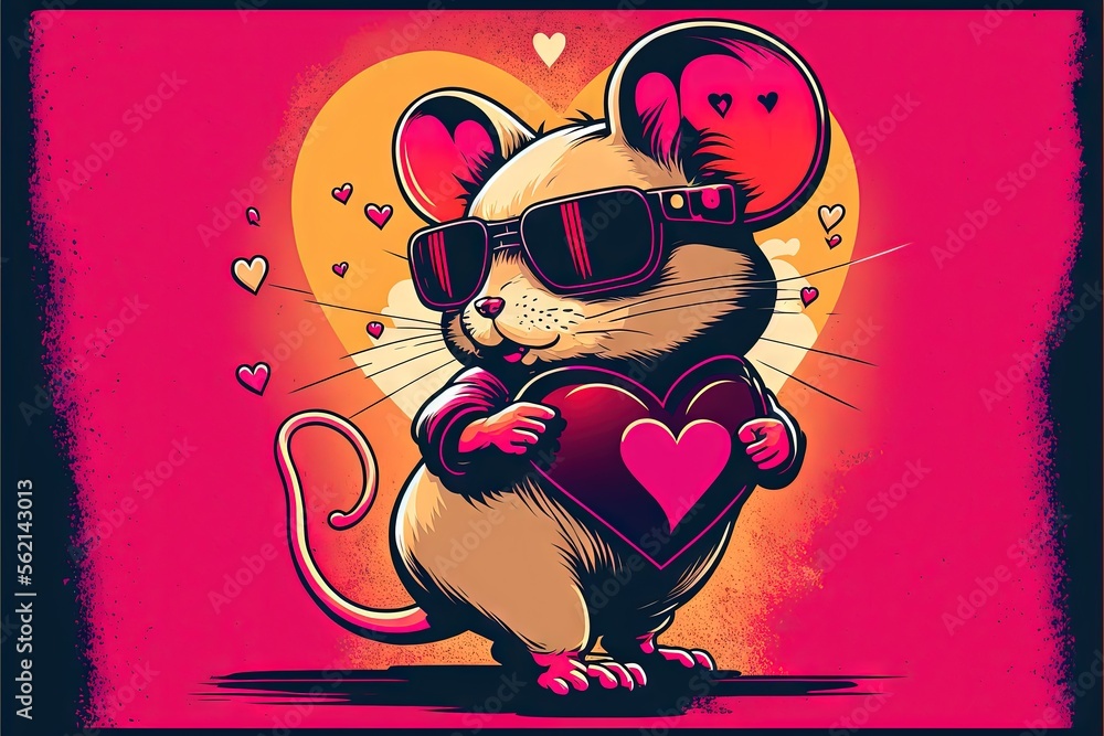Aufkleber a mouse with sunglasses holding a heart shaped object in front of a pink background with hearts and 
