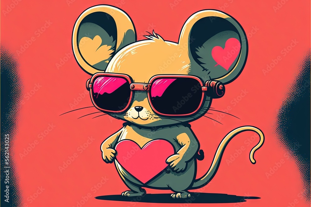 Poster  a mouse with sunglasses holding a heart on a red background with a black frame around it and a red background behind it, with a red background with a black border and a red border., generative ai