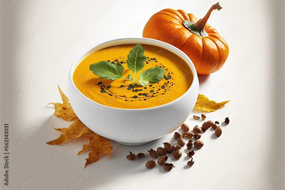 Poster a bowl of soup with a leafy garnish on top of it and a pumpkin in the background with leaves around 