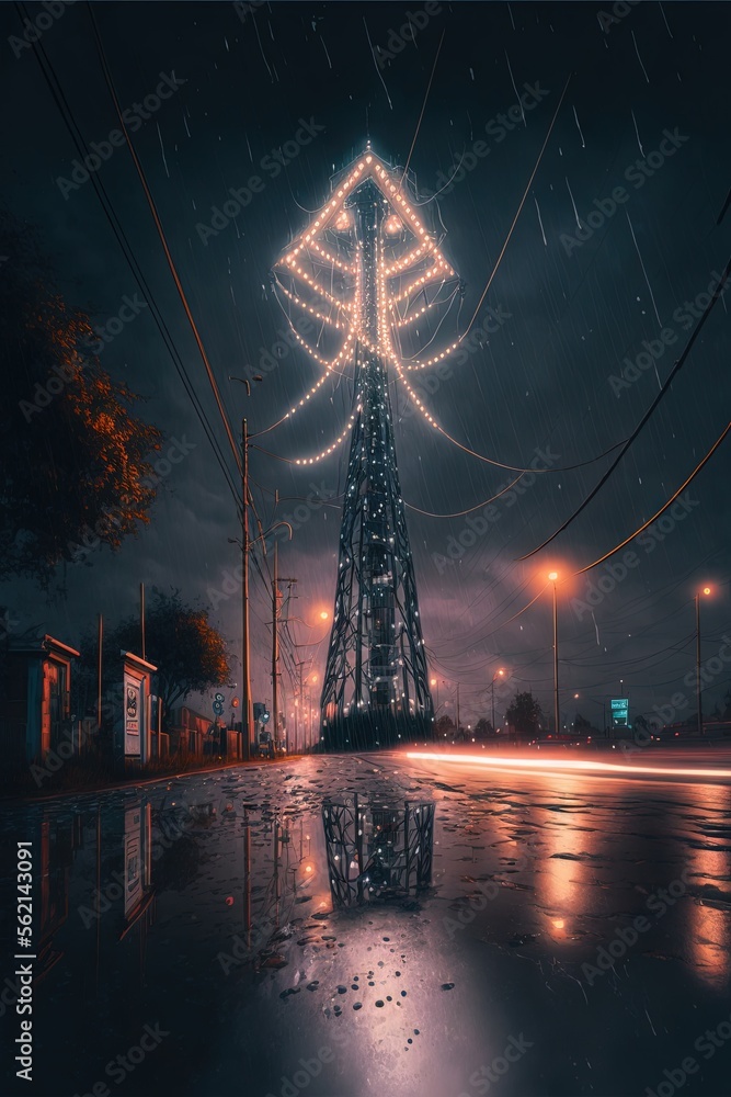 Poster a christmas tree is lit up in the dark with lights on it and a reflection in the wet pavement of a s