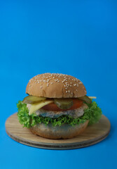 juicy tasty hamburger from a fresh bun with sesame seeds, green salad, tomatoes, cucumbers, fragrant cheese and meat cutlets on a bright blue background