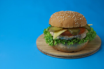 juicy tasty hamburger from a fresh bun with sesame seeds, green salad, tomatoes, cucumbers, fragrant cheese and meat cutlets on a bright blue background