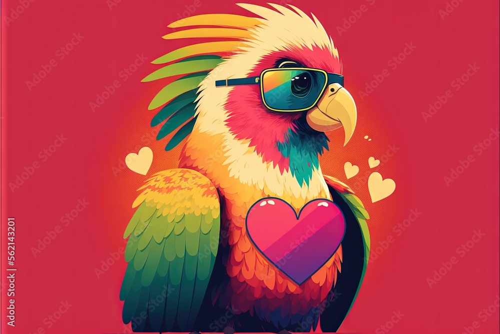 Poster a colorful parrot with sunglasses on its head and a heart in its beak on a red background with heart