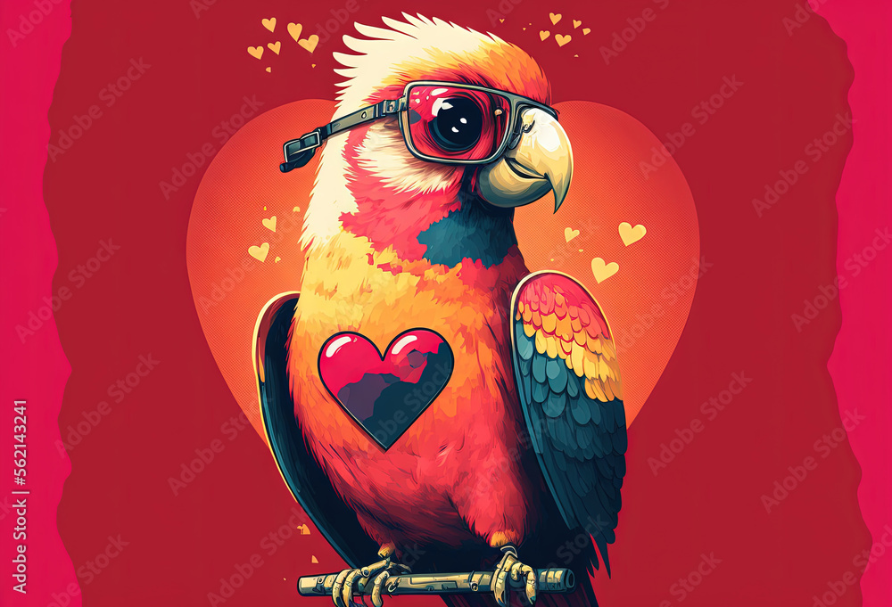 Poster a colorful bird with heart shaped glasses on a branch with a red background and a heart - shaped fra