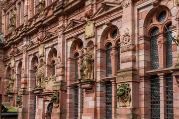Great close-up view of the detailed facade decor of the Friedrich’s Wing at Heidelberg Castle in...