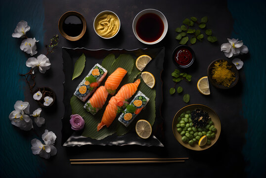 Set of sushi and maki with soy sauce generative AI