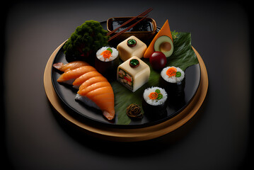 Fototapeta na wymiar Set of sushi and maki with soy sauce generative AI
