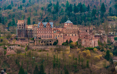 Fototapeta na wymiar Great overall view of the famous castle ruin Heidelberger Schloss in Germany. From left to right: bell tower, Hall of Glass, Friedrich’s Wing, Barrel Building, English Building and Fat Tower.