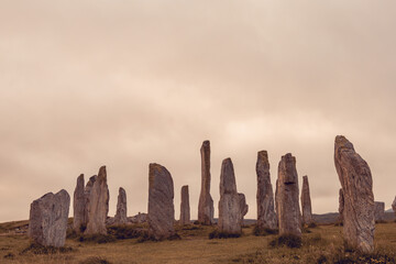 Ancient magic in the Calanais Standing Stones Circle, erected by neolithic men for worship. Celtic...