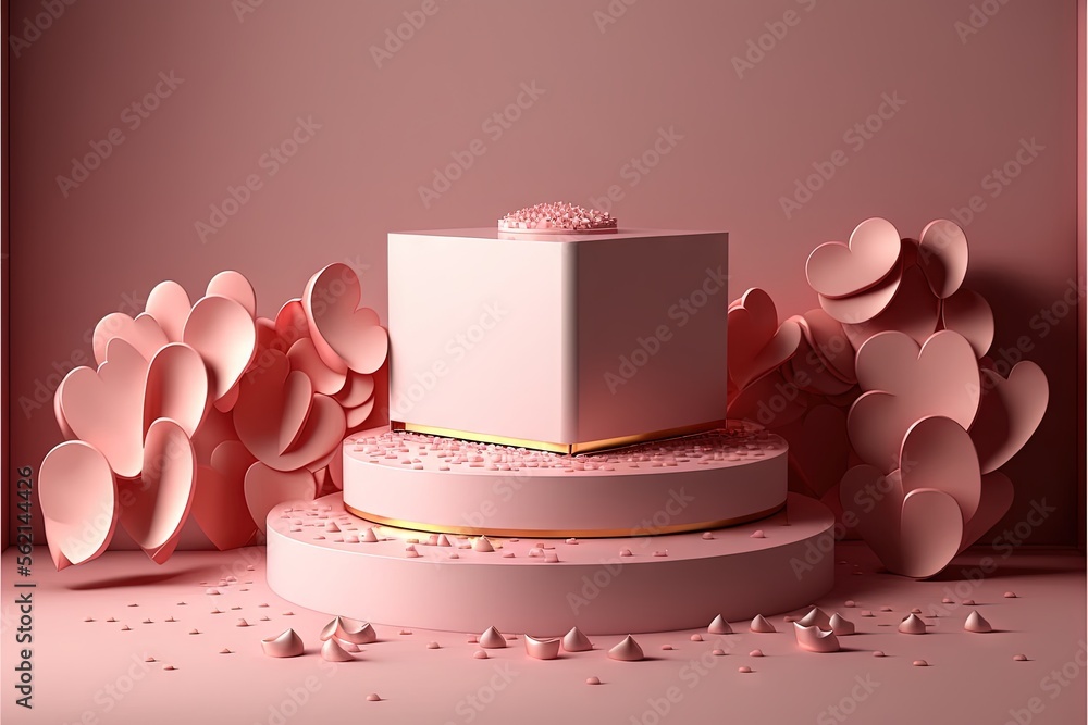 Poster a white cake with a pink frosting on top of it and a pink background with hearts around it and a pin