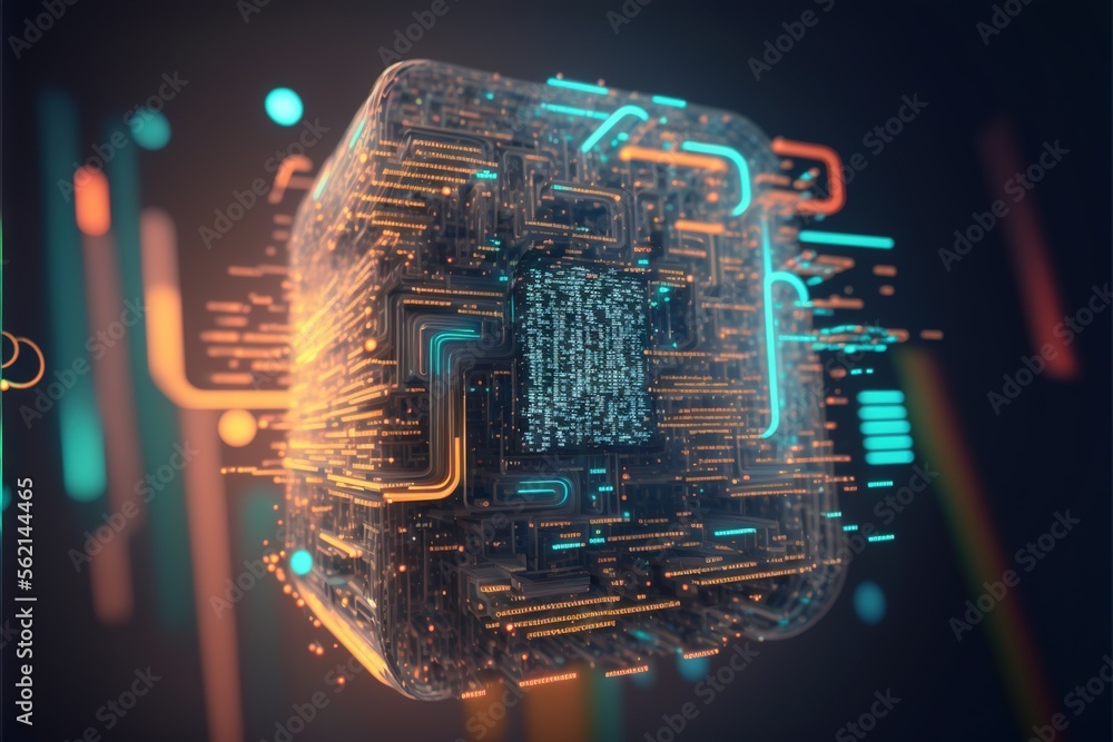 Poster a computer chip with a glowing background and a blue and yellow background with a black background a