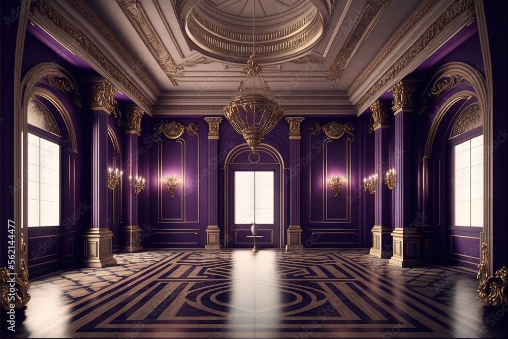 Poster a room with a large floor and a chandelier in it and a window in the center of the room with a door 
