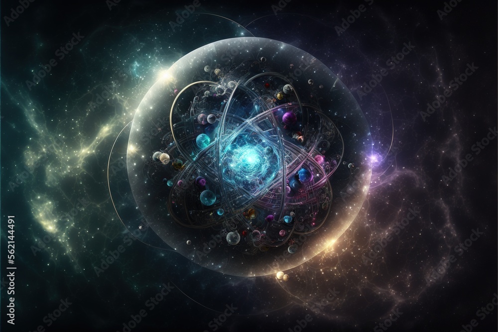 Poster a computer generated image of a space station surrounded by stars and planets in the background, wit