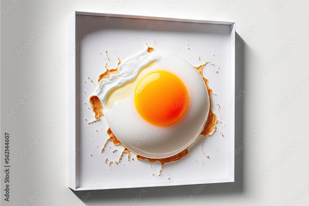 Aufkleber a white box with a fried egg in it on a white surface with a white background and a shadow of a pers