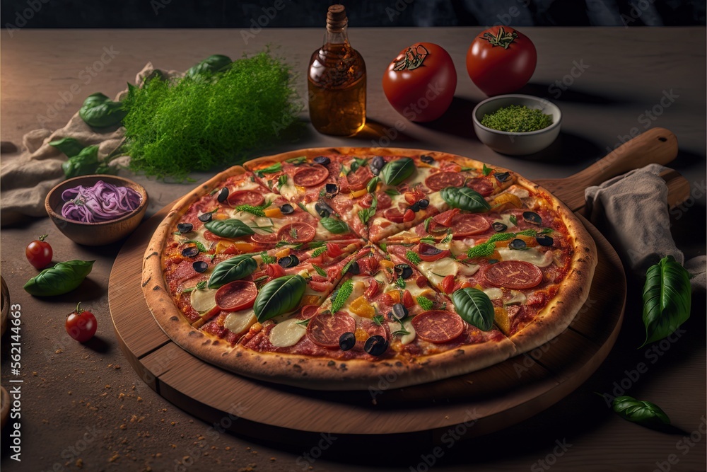 Poster a pizza with a variety of toppings on a wooden board with a bottle of wine and a knife and a bowl of
