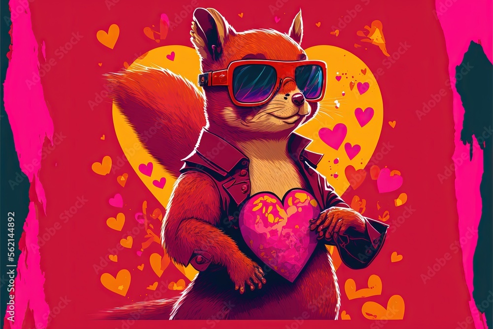 Poster a red squirrel wearing sunglasses and holding a heart shaped object in his hands with a pink backgro