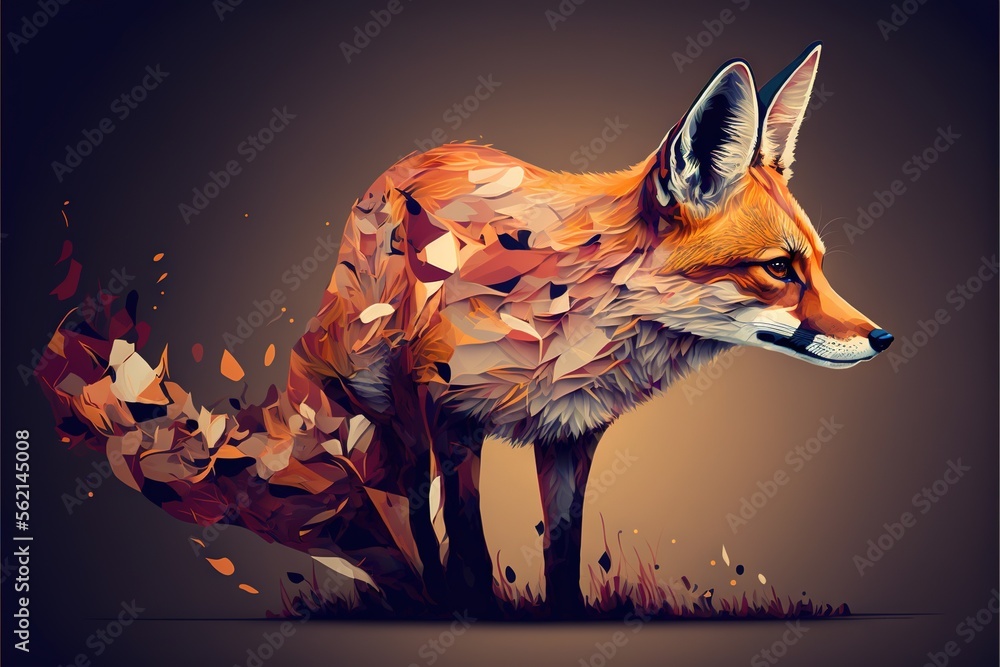 Poster a fox with a very long tail standing in the grass with leaves on it's tail and a brown background wi
