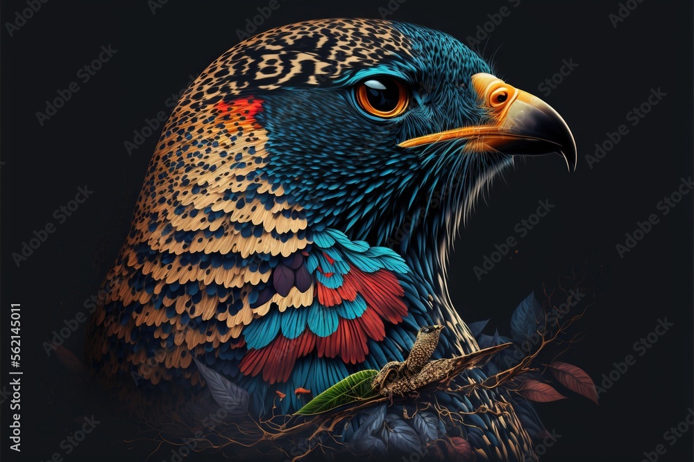 Poster a colorful bird with a black background and a black background with a black background and a black b
