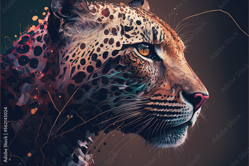 Poster  a painting of a leopard with spots on its face and a black background with a red spot on its face and a black background with a red spot on its head and a black spot., generative ai