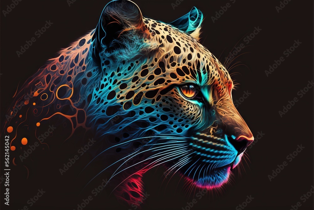 Poster  a colorful leopard with a black background and a red spot on its face and a blue spot on its face and a black background with a red spot on its left side and a black spot., generative ai