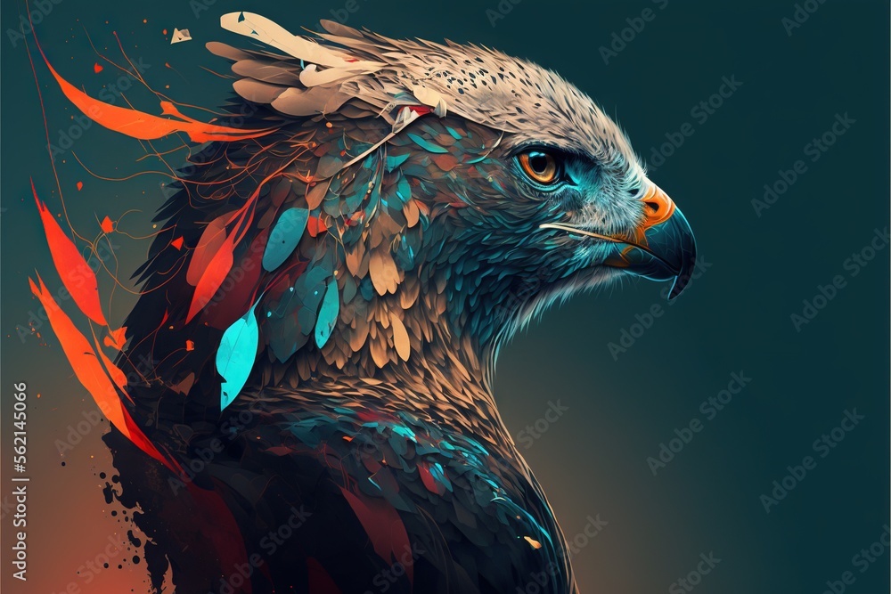 Aufkleber a bird with a colorful wing pattern on its head and wings on its back, with a blue background and a 