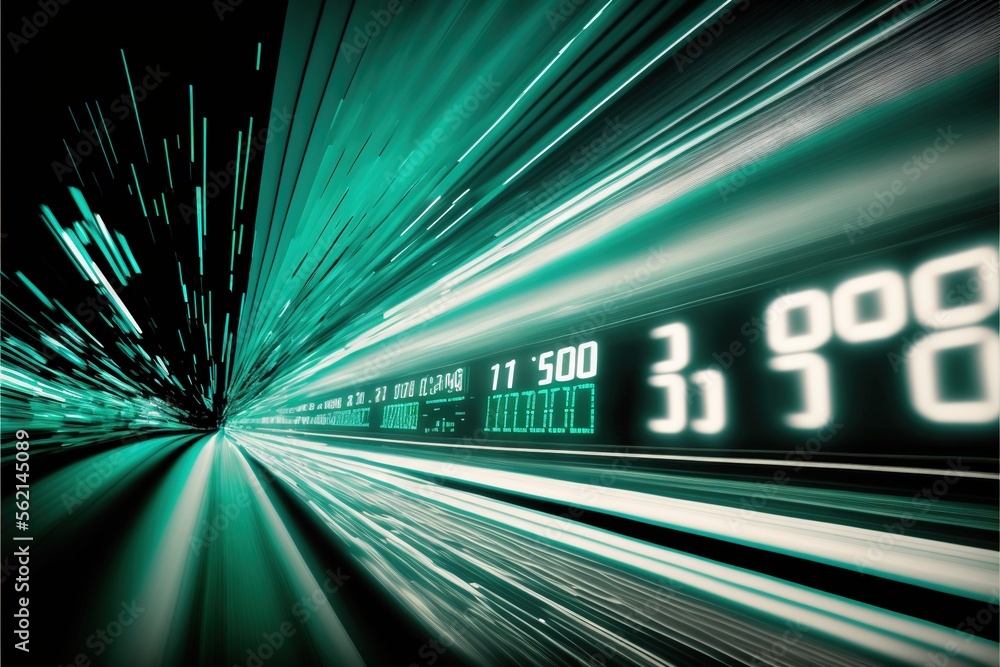 Poster a green and white photo of a train traveling through a tunnel with speed lines going through it and 