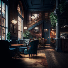 Fototapeta na wymiar Cafe and bar in hotel loft style