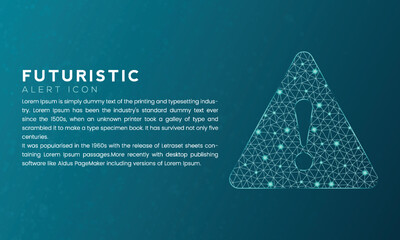 Blue futuristic alert icon concept with polygon node connected dots and neon effect