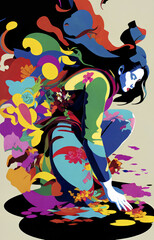 Abstract colourful painting with a young woman. Poster design style, modern art. AI generated.