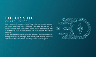 Blue futuristic charging icon concept with polygon node connected dots and neon effect