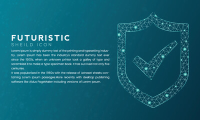 Blue futuristic shield icon concept with polygon node connected dots and neon effect