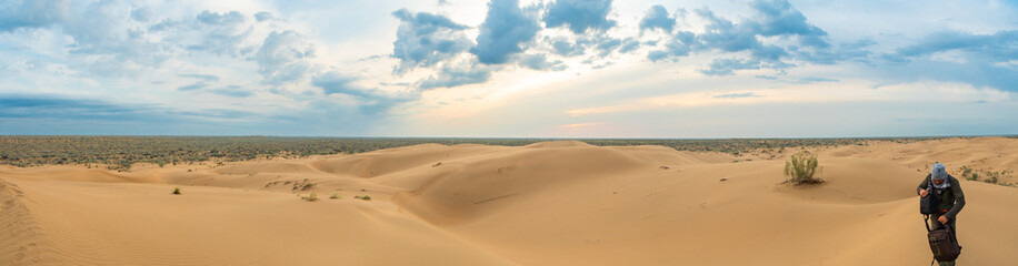 Fototapeta na wymiar Panorama 180 of the desert in spring from a bird's eye view.
