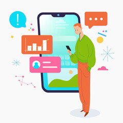 Vectorial character using smartphone, technology elements