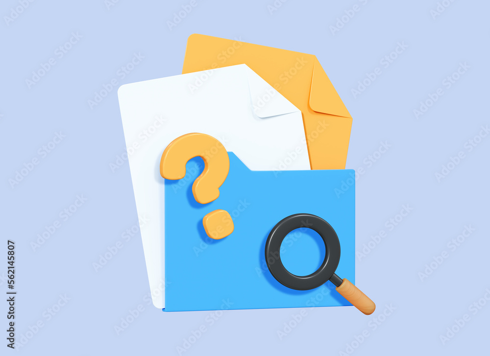 Aufkleber 3d folder with paper documents, question mark and magnifier. search information in storage. faq conc