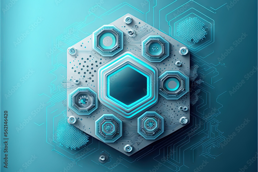Poster a futuristic background with a hexagonal design and a blue background with a hexagonal design and a 