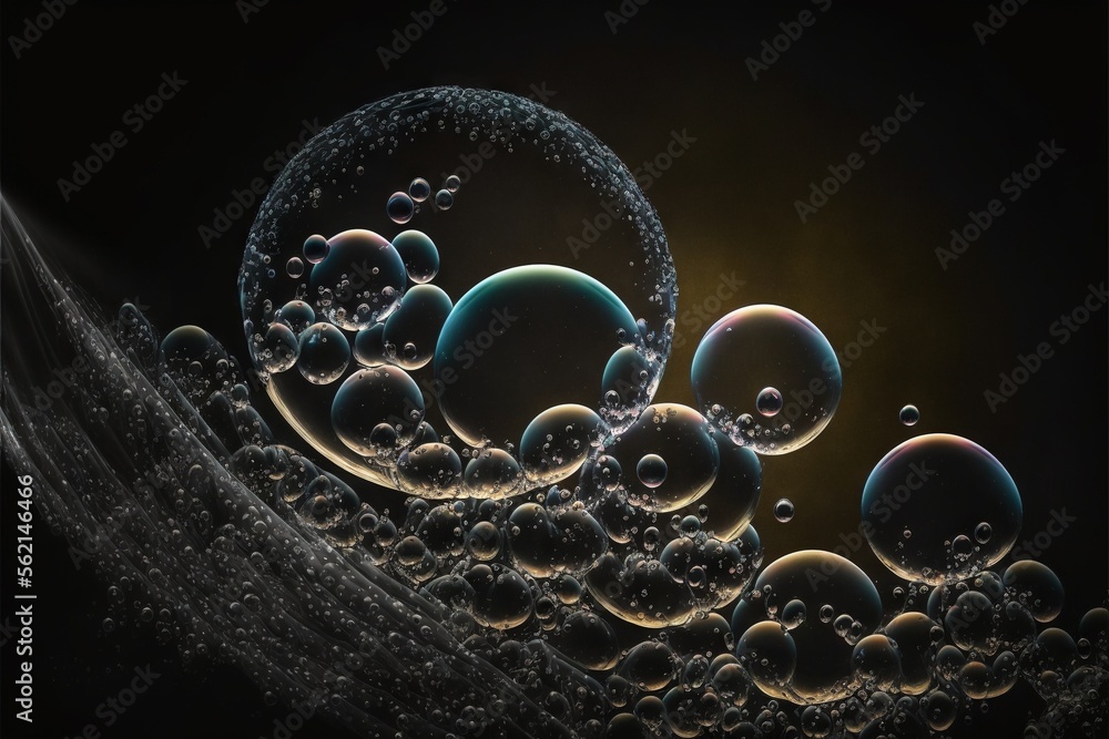 Poster a group of bubbles floating in the air with a black background and a yellow light behind them, with 
